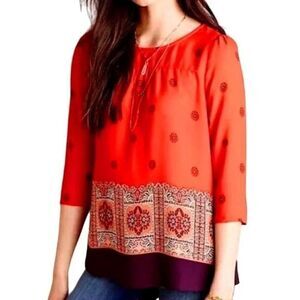 Anthropologie Maeve‎ Rila Red Print 3/4 Sleeve Blouse